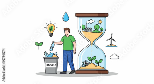 Illustration of a man recycling into a recycling bin next to an hourglass with eco-friendly symbols around, conveying an environmentally conscious mood.