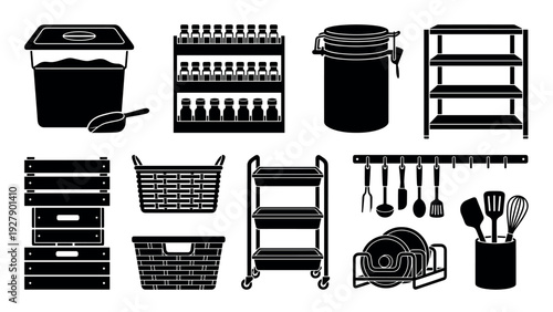 Various black silhouette kitchen and pantry storage items and utensils are neatly arranged in a clean, graphic illustration style, showcasing essential home organization tools