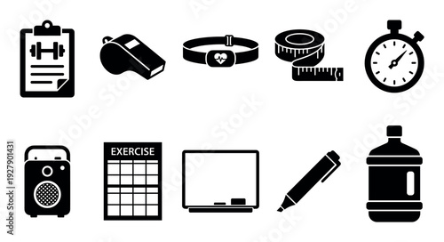 Collection of black silhouette fitness and health icons for exercise, training, and wellness, presented in a clean, graphic, and modern vector style