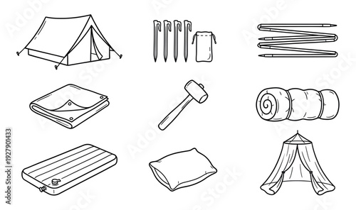Various essential camping equipment items are depicted as simple line art icons, including a tent, sleeping bag, and mallet, illustrating outdoor adventure essentials with a clean, graphic style