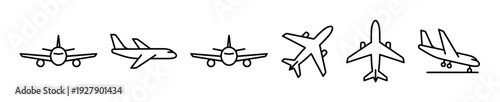 Six simple black outline airplane icons are displayed in a row, featuring various perspectives like front, side, top, and landing views, rendered in a clean, minimalist line art style