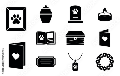 Collection of black silhouette pet memorial icons including a framed paw print, urn, gravestone, candle, book, coffin, cards, plaque, necklace, and wreath, representing remembrance and loss