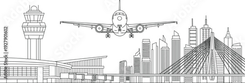 Airport terminal and city skyline line art illustration, airplane landing over modern bridge and skyscrapers urban aviation transportation concept vector