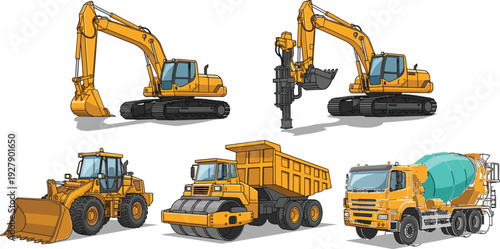 Heavy Construction Machinery Set with Excavator, Loader, Roller, Dump Truck, and Mixer