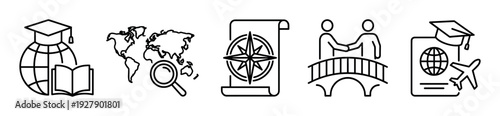Collection of five distinct line art icons illustrating global education, travel, exploration, and international connection concepts with a clean, modern aesthetic