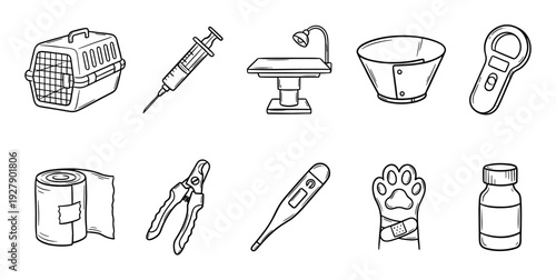 Various hand-drawn black and white veterinary clinic items are neatly arranged, depicting essential tools for animal health, care, and medical treatment in a clean, illustrative style