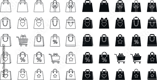 Shopping Bag and Retail Line Icon Set with Gift Bags, Store Bags, Cart, Sale, and Ecommerce Packaging Symbols for Online Shop Design