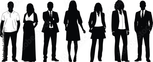 Silhouettes of diverse professional men and women standing confidently in business and casual attire, teamwork concept, corporate diversity, modern leadership, and business success illustration