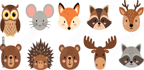 Cute Woodland Animal Faces Cartoon Vector Set Featuring Fox, Bear, Owl, Raccoon, Deer, Moose, Mouse and Hedgehog for Kids Nursery Illustration Design