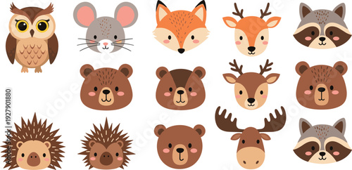 Cute Woodland Animal Faces Cartoon Vector Collection Featuring Bear, Fox, Owl, Raccoon, Deer, Moose, Mouse and Hedgehog for Nursery Kids Design