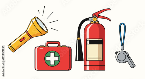 Flat lay illustration of emergency supplies including a flashlight, first aid kit, fire extinguisher, and magnifying glass on a white background.