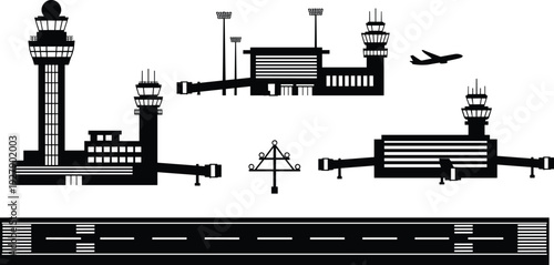 Airport terminal and control tower silhouettes set, runway top view with airplane and aviation infrastructure vector illustration collection