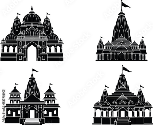Collection of Indian temple architecture silhouettes featuring traditional Hindu shrines and heritage monuments vector illustration isolated on white background