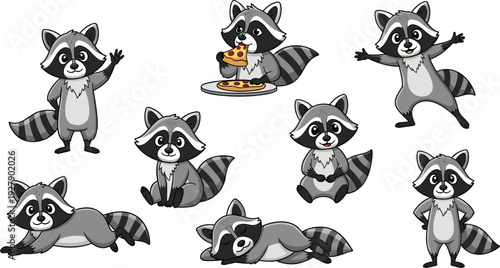 Cute Cartoon Raccoon Character Set with Different Poses and Expressions