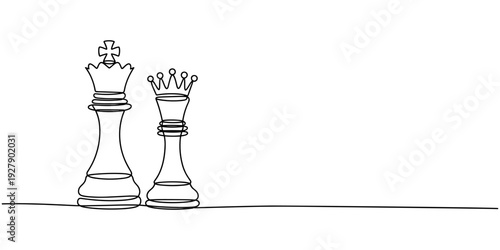 Queen and King of chess in continuous one line drawing. Single line art illustration of one chess checkmate concept. Editable vector, Hand drawn pawn and queen chess piece vector. One line continuous