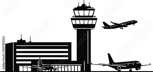 Airport terminal building and control tower silhouette, passenger airplanes departure arrival aviation travel vector illustration
