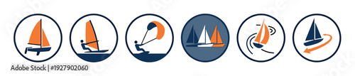 Six stylized blue and orange sailing icons illustrate various water sports activities like windsurfing, kitesurfing, and traditional sailing, presented in a clean, modern graphic design style