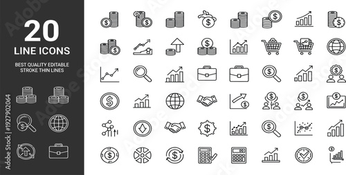 Finance and Business Line Icon Set Featuring Investment, Banking, Money, Growth Charts, Analytics and Global Trading Symbols for Modern Vector Design
