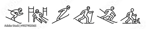 Six distinct black outline skiing icons depict various winter sports activities, including downhill racing, slalom, and snowplow techniques, presented in a dynamic, modern line art style