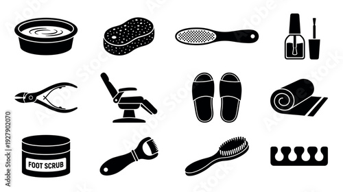 Twelve black silhouette pedicure tools and accessories are neatly arranged, showcasing essential items for professional foot care and spa treatments in a clean, illustrative vector style