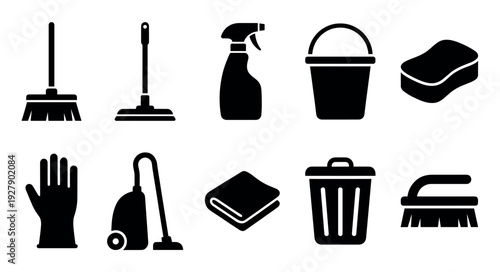 Collection of black silhouette cleaning tools and supplies, featuring a broom, mop, spray bottle, bucket, sponge, glove, vacuum, towel, trash can, and scrub brush, presented as simple icons