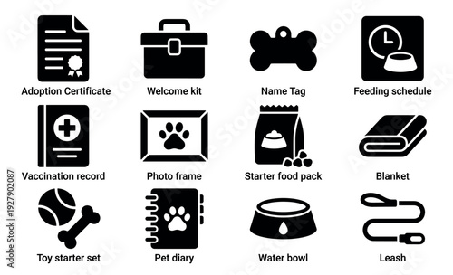 Comprehensive collection of pet care icons, including adoption documents, feeding schedules, toys, and essential supplies, presented in a clean, organized graphic style