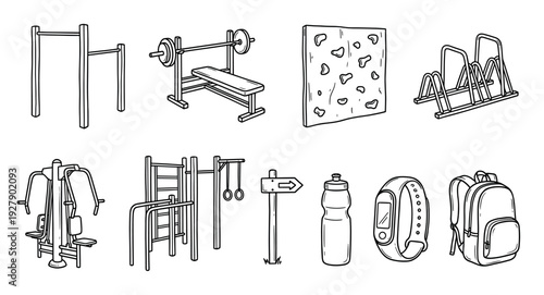 Collection of various fitness and outdoor sports equipment is depicted in a clean, hand-drawn black and white line art style, showcasing items for exercise and recreation