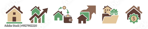 Six flat graphic house icons illustrate real estate concepts like property growth, financial investment, and home management with earthy colors and clean lines