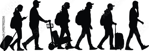 Silhouettes of travelers walking with suitcases, backpacks, and luggage carts for airport travel concepts, tourism illustrations, journey graphics, transportation design, and vacation-themed vector 