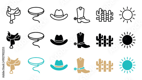 Collection of diverse Western cowboy themed icons presented in outline, solid black, and colored styles, depicting classic elements like saddles, hats, and boots