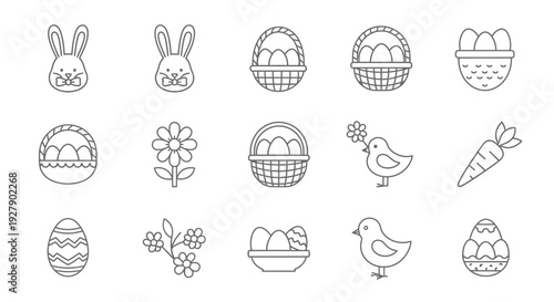 Easter-themed icons set with bunnies eggs and flowers.