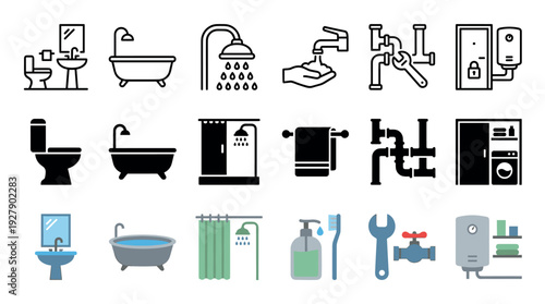 Various plumbing and bathroom related icons are displayed in a clean, modern grid, featuring outline, solid, and colored graphic styles for hygiene and maintenance concepts
