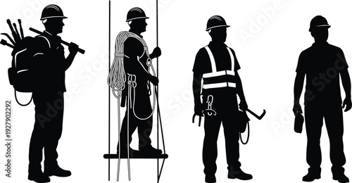 Construction worker silhouettes collection with tools and safety gear, professional builder characters set, industrial labor illustration isolated on white background