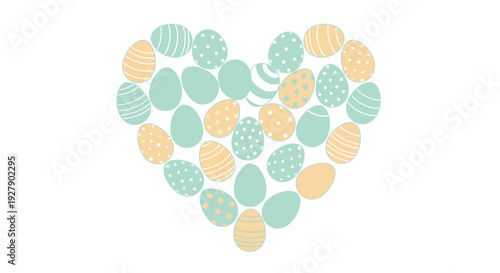 Heart shape formed by colorful Easter eggs in pastel shades.