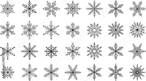 Snowflake Icon Set Collection with Detailed Winter Ice Crystal Symbols for Christmas Designs, Holiday Decorations, Weather Graphics, and Vector Illustrations