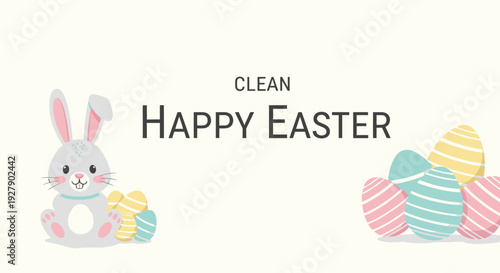 A cute grey Easter bunny with pink ears sits next to a pile of pastel striped Easter eggs on a light background with 'Happy Easter' text.
