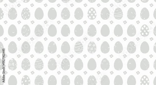 A seamless pattern of light grey Easter eggs with subtle textures and plain designs on a white background, interspersed with small diamond shapes.