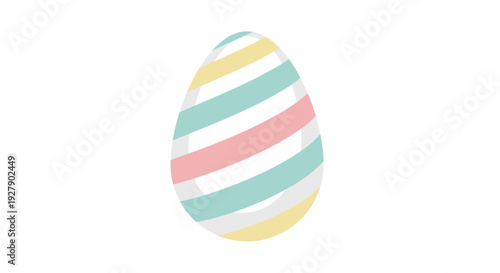 A single pastel striped Easter egg with diagonal bands of white, light blue, pink, and yellow on a plain white background.