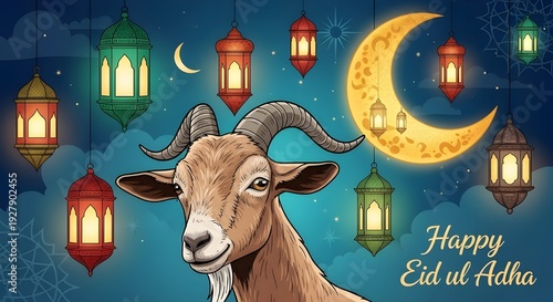 Eid ul Adha greeting card with sacrificial goat illustration, Islamic holiday background with glowing lanterns and crescent moon, festive religious banner