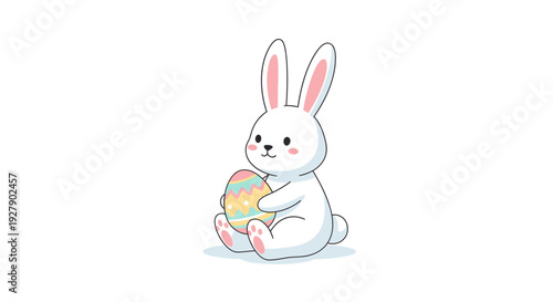 A cute white cartoon Easter bunny sitting and holding a decorated pastel-colored egg on a plain white background, symbolizing spring holidays.
