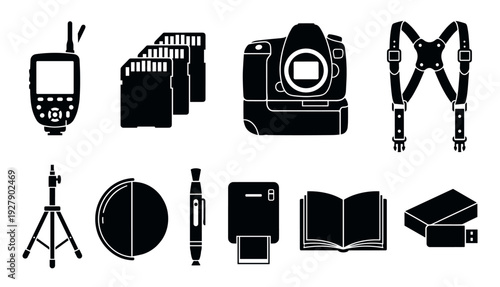 Various black silhouette photography equipment icons are neatly arranged, showcasing essential tools for professional and amateur photographers