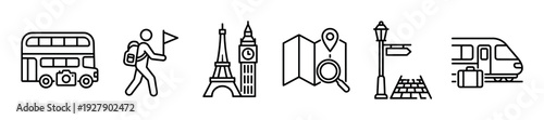 Six linear travel and tourism icons depict various elements of vacation and exploration, including transportation, landmarks, and navigation, presented in a clean, minimalist style