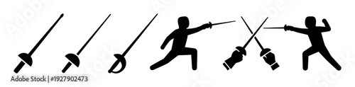 Various black silhouette fencing swords and fencers are dynamically depicted in a horizontal row, illustrating different types of blades and combat poses in a clean, graphic style