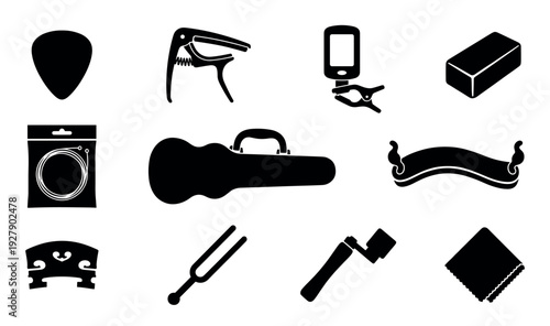 Various black silhouette musical instrument accessories are neatly arranged, showcasing essential tools like a pick, capo, tuner, strings, and case in a clean, graphic illustration style