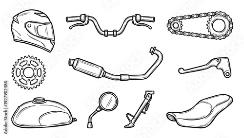 Various hand-drawn black and white motorcycle parts are meticulously illustrated in a classic vintage line art style, showcasing essential components with intricate detail