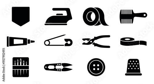 Diverse collection of sewing and tailoring tools and craft supplies, presented as bold black silhouette icons with a clean, modern, and graphic design style