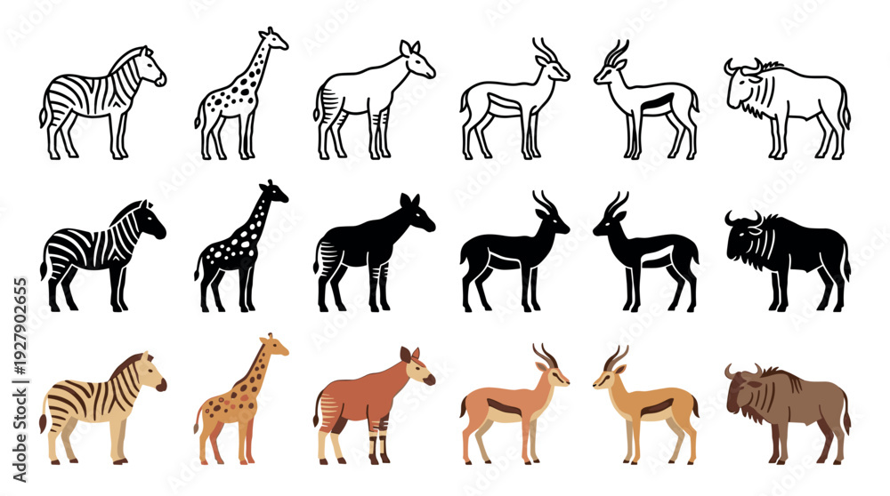 Naklejka premium Diverse African safari animals depicted in three distinct illustration styles, featuring zebras, giraffes, okapis, gazelles, and wildebeests in outline, solid black, and flat color designs