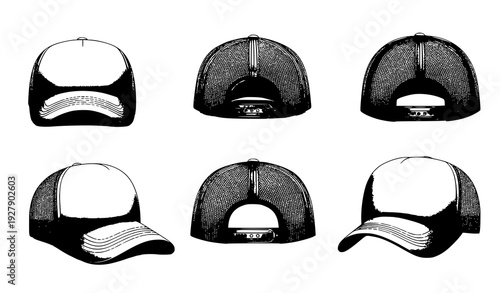 White trucker cap vector illustration multi angle views with mesh back isolated on white background