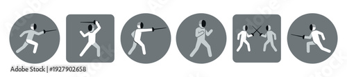 Six minimalist fencing sport icons depicting athletes in various dynamic poses, wearing masks and holding foils, rendered in a modern flat grey and white graphic style