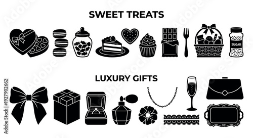 Various black silhouette icons representing sweet treats and luxury gifts, showcasing confectionery, desserts, and elegant presents in a clean, graphic style